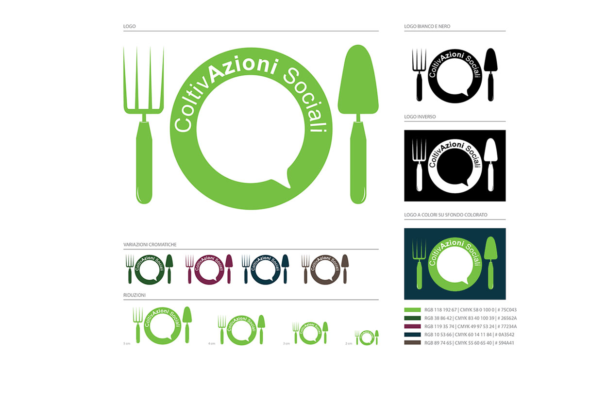 Marchio, riduzioni, marchio in negativo e palette colori per il concorso Log-in di Coltivazioni Sociali Urbane