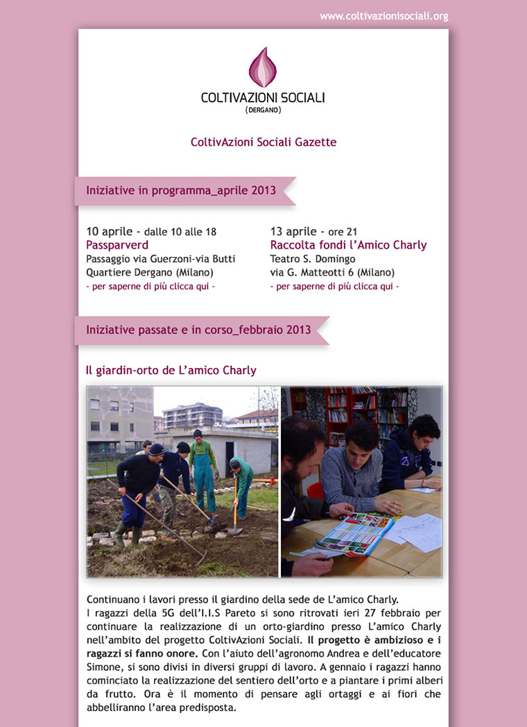 Layout per newsletter ideato per Coltivazioni Sociali Urbane